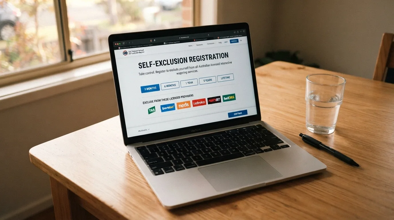 The BetStop National Self-Exclusion Register homepage on a laptop, showing the registration-period options from 3 months to lifetime and the list of licensed providers it covers